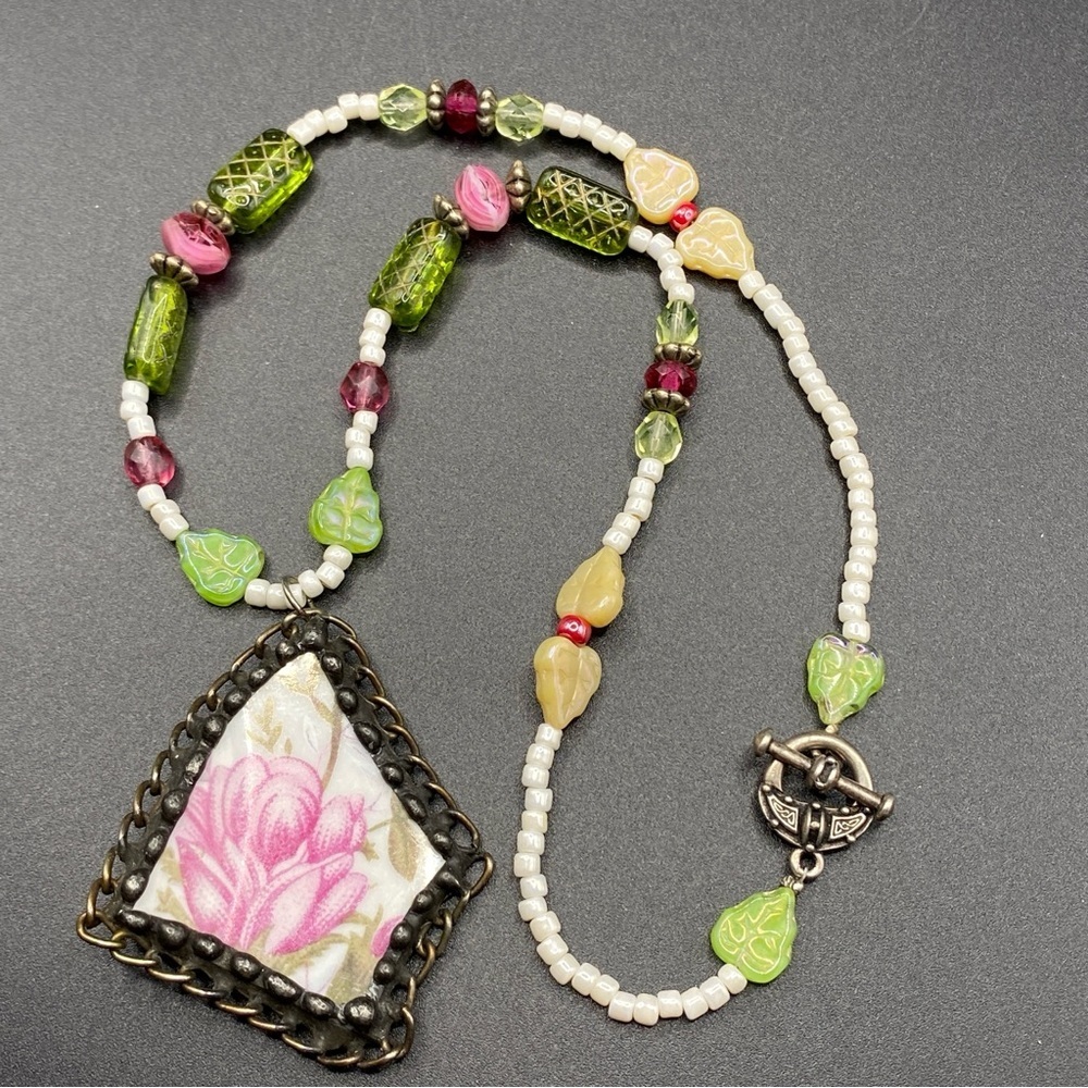 Broken Dish Pink Green With Glass Beads Necklace